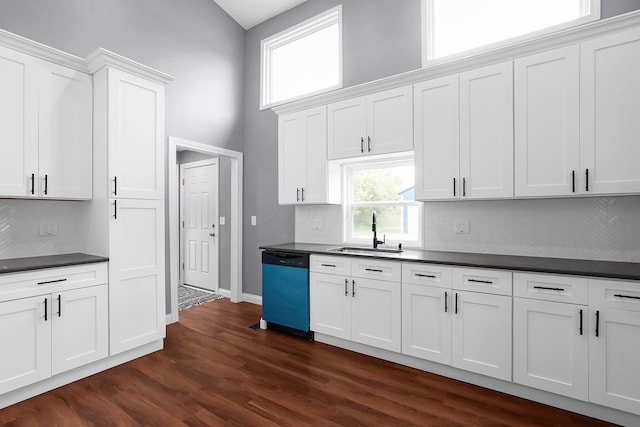 172 Jefferson St, Mount Sterling, OH 43143 - kitchen with dishwashing machine, dark countertops, dark wood-style floors, white cabinets, and decorative backsplash