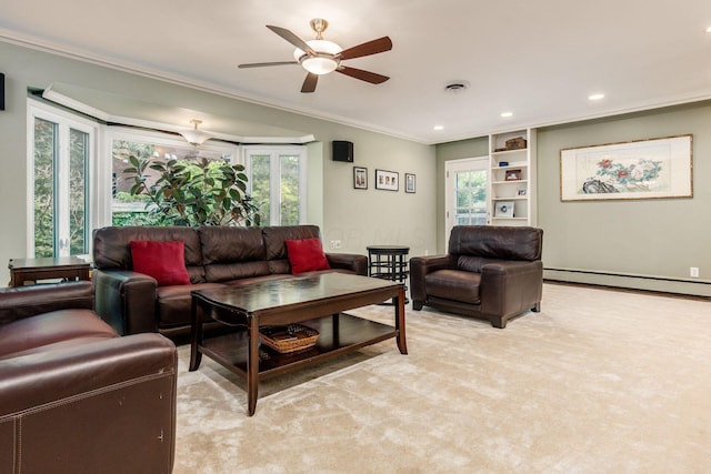 207 Ashbourne Rd, Bexley, OH 43209 - living area with a baseboard heating unit, ornamental molding, ceiling fan, and recessed lighting