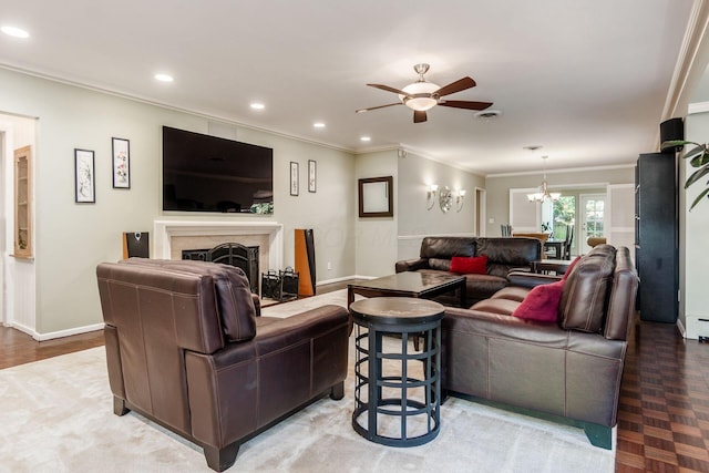 207 Ashbourne Rd, Bexley, OH 43209 - living area featuring ornamental molding, ceiling fan, a fireplace, a chandelier, and recessed lighting