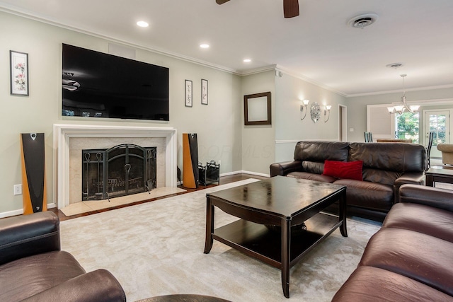 207 Ashbourne Rd, Bexley, OH 43209 - living area featuring crown molding, a chandelier, ceiling fan, a high end fireplace, and recessed lighting