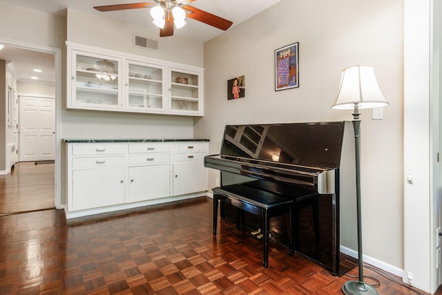 207 Ashbourne Rd, Bexley, OH 43209 - kitchen featuring dark countertops, ceiling fan, glass insert cabinets, white cabinets, and recessed lighting