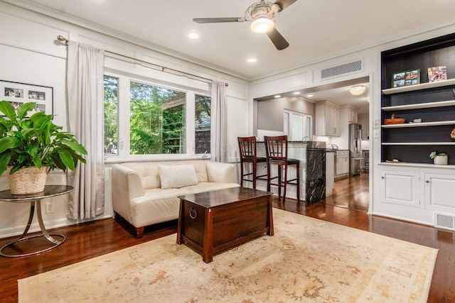 207 Ashbourne Rd, Bexley, OH 43209 - living area with a ceiling fan, crown molding, dark wood-type flooring, and recessed lighting