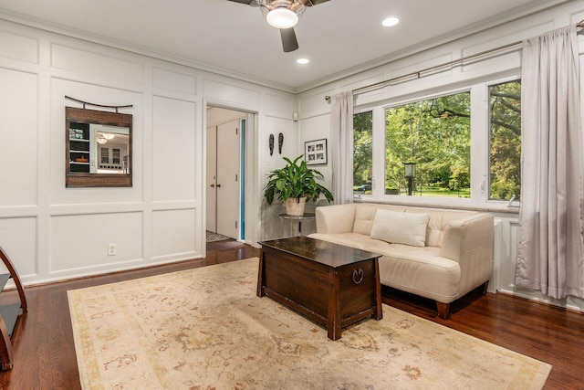 207 Ashbourne Rd, Bexley, OH 43209 - living area with a decorative wall, a ceiling fan, wood finished floors, recessed lighting, and ornamental molding