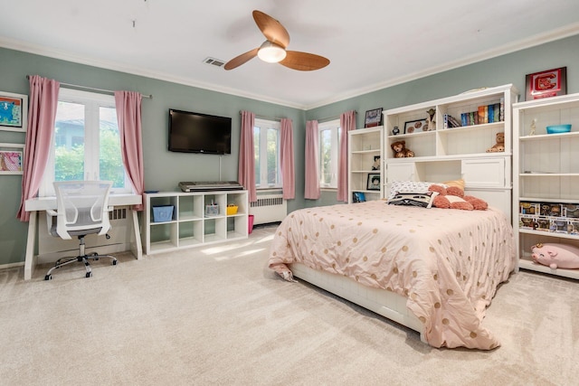 207 Ashbourne Rd, Bexley, OH 43209 - carpeted bedroom with radiator, ornamental molding, and a ceiling fan