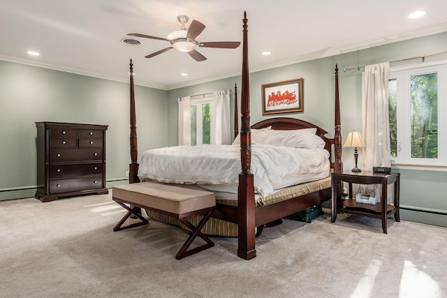 207 Ashbourne Rd, Bexley, OH 43209 - bedroom with carpet floors, recessed lighting, crown molding, baseboard heating, and a ceiling fan