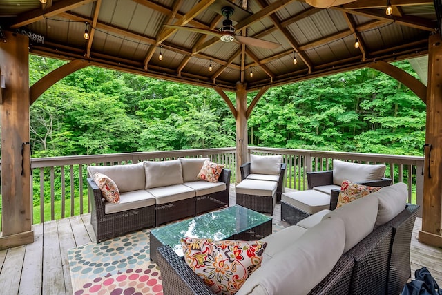 1554 Hanover Rd, Delaware, OH 43015 - wooden terrace with a gazebo, an outdoor living space, and a ceiling fan