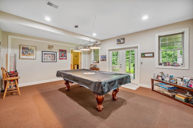 1554 Hanover Rd, Delaware, OH 43015 - game room featuring dark carpet, french doors, billiards, and recessed lighting