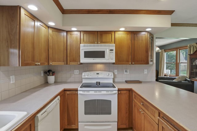 9840 Buckeye Dr, Huntsville, OH 43324 - kitchen featuring white appliances, crown molding, light countertops, tasteful backsplash, and brown cabinetry