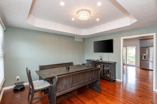 9950 Stonemead Way, Dayton, OH 45458 - dining area featuring a tray ceiling, crown molding, hardwood / wood-style floors, a chandelier, and recessed lighting