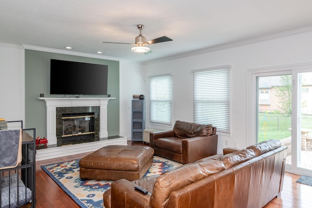 9950 Stonemead Way, Dayton, OH 45458 - living area with ornamental molding, wood-type flooring, a ceiling fan, healthy amount of natural light, and recessed lighting