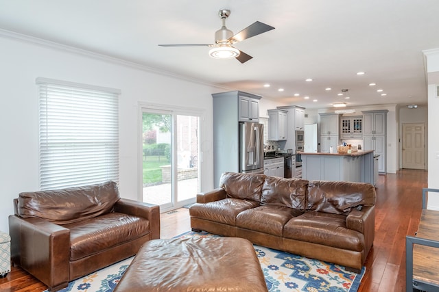 9950 Stonemead Way, Dayton, OH 45458 - living area with a ceiling fan, wood-type flooring, recessed lighting, and crown molding