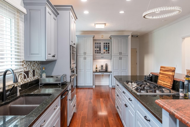 9950 Stonemead Way, Dayton, OH 45458 - kitchen featuring stainless steel appliances, dark wood finished floors, crown molding, gray cabinetry, and recessed lighting