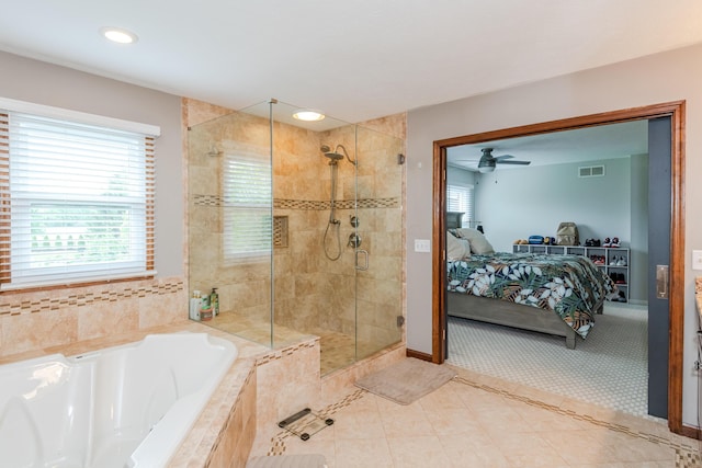 9950 Stonemead Way, Dayton, OH 45458 - ensuite bathroom with a bath, a stall shower, healthy amount of natural light, tile patterned flooring, and recessed lighting