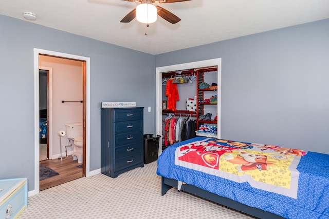 9950 Stonemead Way, Dayton, OH 45458 - bedroom featuring a closet, light colored carpet, and ceiling fan