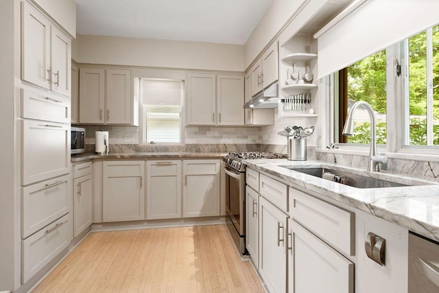 405 N Union St, Galion, OH 44833 - kitchen with stainless steel appliances, healthy amount of natural light, under cabinet range hood, and open shelves
