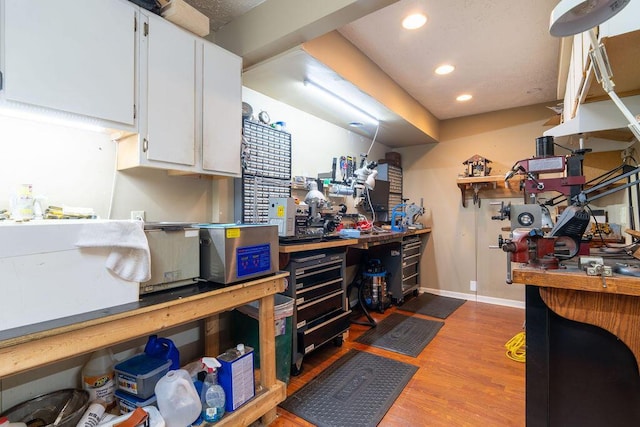 405 N Union St, Galion, OH 44833 - misc room featuring a workshop area, wood finished floors, and recessed lighting