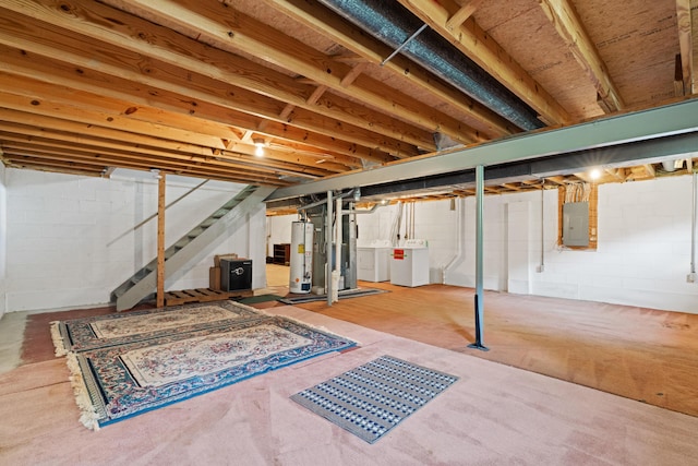 9 Intermeadows Way, Powell, OH 43065 - unfinished below grade area featuring electric panel, washer and dryer, gas water heater, and stairs