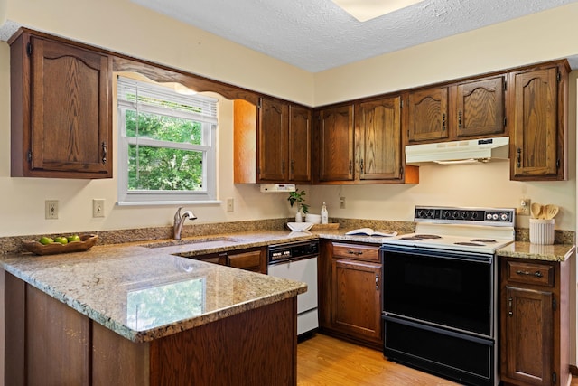9 Intermeadows Way, Powell, OH 43065 - kitchen with range with electric cooktop, white dishwasher, under cabinet range hood, a peninsula, and light wood-type flooring