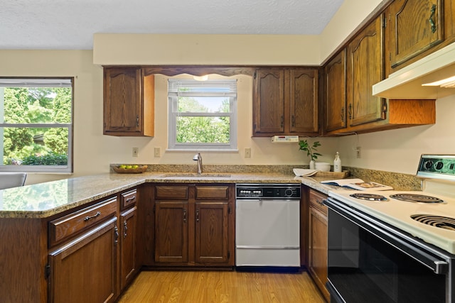 9 Intermeadows Way, Powell, OH 43065 - kitchen featuring electric range oven, dishwasher, light wood-style floors, custom range hood, and plenty of natural light