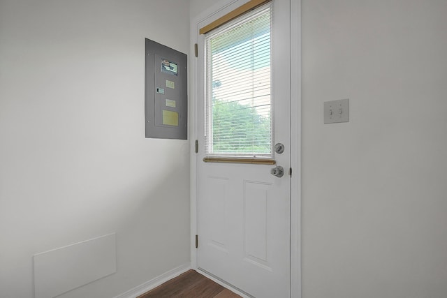 764 Towne Krier Ct, Newark, OH 43055 - doorway to outside with electric panel, plenty of natural light, and dark wood-style flooring