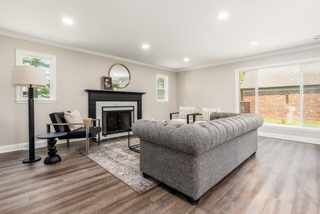 1120 Fairway Blvd, Columbus, OH 43213 - living area featuring dark wood finished floors, ornamental molding, a fireplace, and recessed lighting