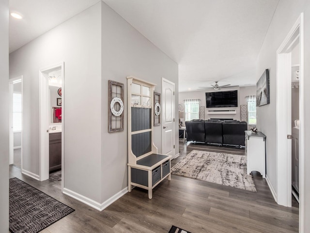 326 Mannaseh Dr W, Granville, OH 43023 - living area featuring a ceiling fan and wood finished floors