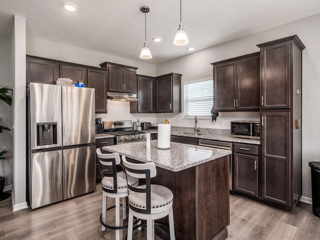 326 Mannaseh Dr W, Granville, OH 43023 - kitchen featuring stainless steel appliances, under cabinet range hood, dark brown cabinetry, a kitchen island, and light wood finished floors