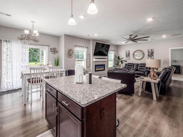 326 Mannaseh Dr W, Granville, OH 43023 - kitchen with ceiling fan, wood finished floors, pendant lighting, open floor plan, and a glass covered fireplace