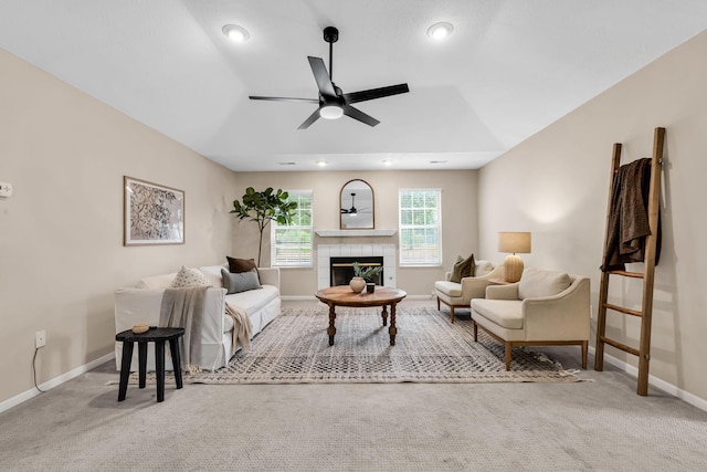 9460 Clermont Cir, Powell, OH 43065 - living area featuring a ceiling fan, a fireplace, carpet flooring, and recessed lighting