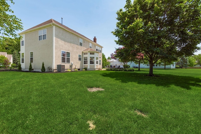 5866 Morganwood Sq, Hilliard, OH 43026 - rear view of property with stucco siding, a lawn, and a chimney