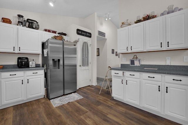 5405 Boucher Dr, Orient, OH 43146 - kitchen with stainless steel fridge with ice dispenser, white cabinets, dark wood-type flooring, and dark countertops