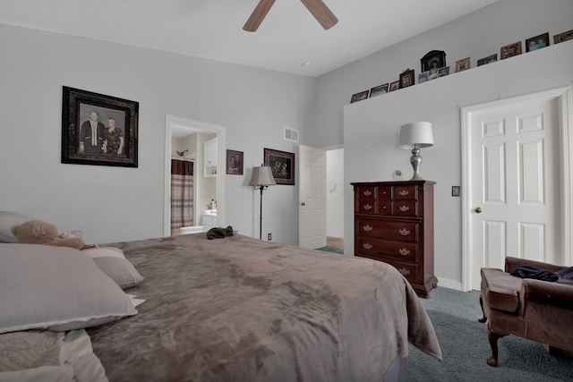 5405 Boucher Dr, Orient, OH 43146 - carpeted bedroom featuring a ceiling fan, vaulted ceiling, and ensuite bath