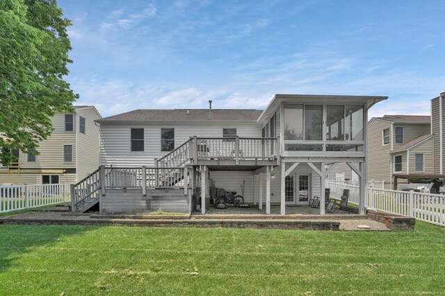 5405 Boucher Dr, Orient, OH 43146 - back of property featuring stairs, a sunroom, a fenced backyard, a patio, and a wooden deck