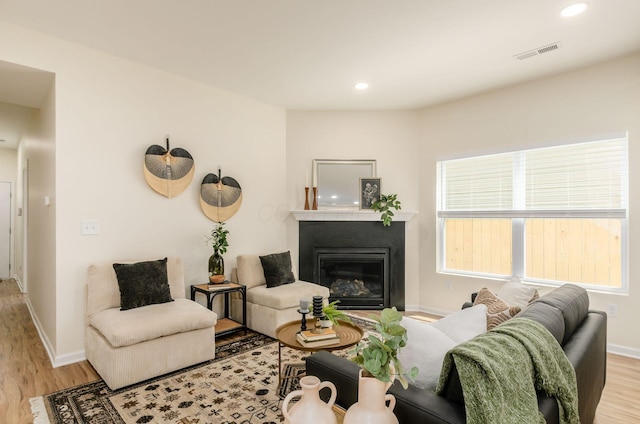605 Frebis Ave, Columbus, OH 43206 - living area featuring wood finished floors, a glass covered fireplace, and recessed lighting