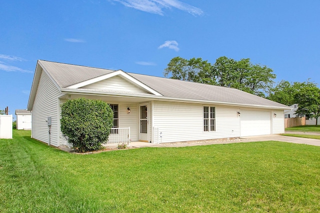 159 Hathaway Rd, West Jefferson, OH 43162 - ranch-style house featuring an attached garage, driveway, a front lawn, and a porch