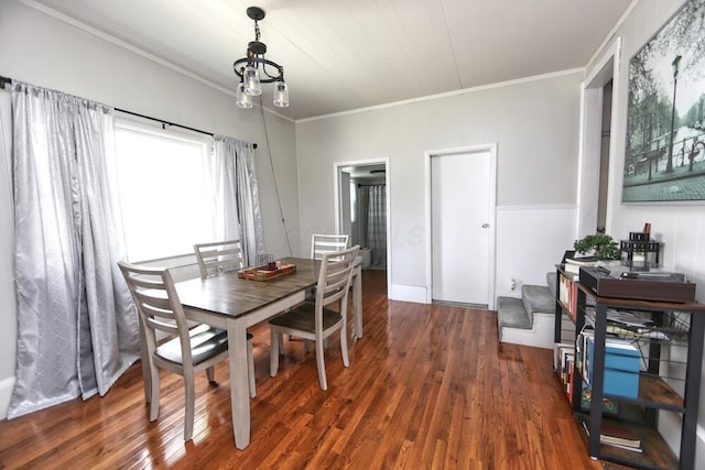 93 E 6th St, Fredericktown, OH 43019 - dining space featuring ornamental molding, dark wood-type flooring, and wainscoting
