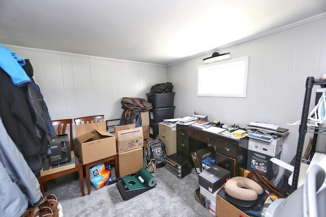 93 E 6th St, Fredericktown, OH 43019 - office area featuring carpet floors, crown molding, and a decorative wall