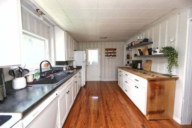 93 E 6th St, Fredericktown, OH 43019 - kitchen with open shelves, dark wood finished floors, white cabinetry, and white appliances