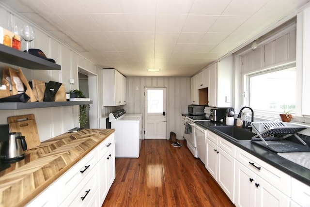 93 E 6th St, Fredericktown, OH 43019 - kitchen featuring washing machine and dryer, white cabinetry, white appliances, dark wood-style flooring, and open shelves