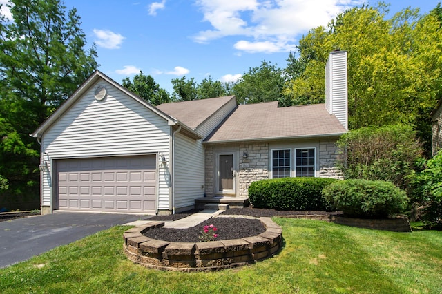 168 Thornapple Trl, Delaware, OH 43015 - single story home with asphalt driveway, a garage, a chimney, a front lawn, and stone siding