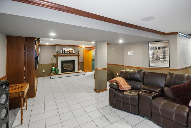168 Thornapple Trl, Delaware, OH 43015 - living room with ornamental molding, light tile patterned flooring, and a tiled fireplace