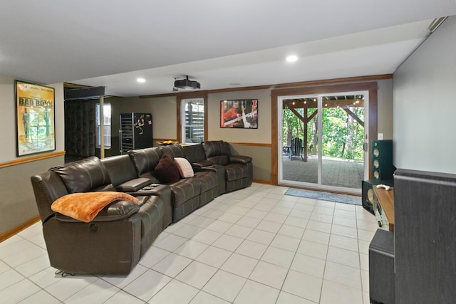 168 Thornapple Trl, Delaware, OH 43015 - living room featuring light tile patterned flooring, a wainscoted wall, and recessed lighting