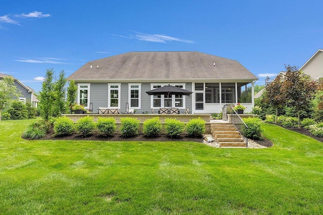 3017 Highland Woods Blvd, New Albany, OH 43054 - back of property with a sunroom, a lawn, and stairs