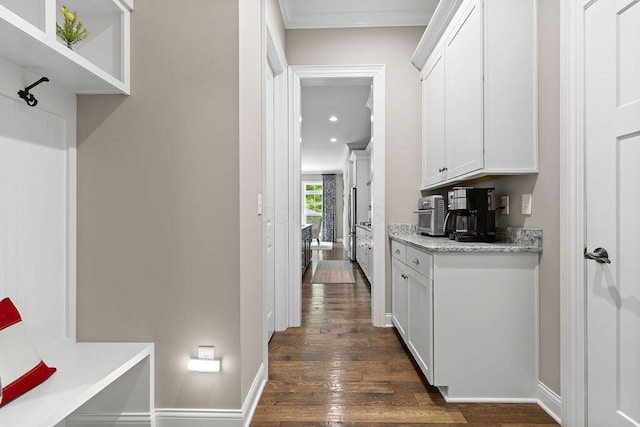 3017 Highland Woods Blvd, New Albany, OH 43054 - mudroom featuring dark wood-style floors, crown molding, and recessed lighting
