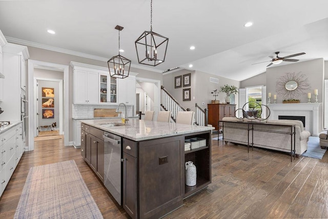 3017 Highland Woods Blvd, New Albany, OH 43054 - kitchen featuring dishwasher, white cabinetry, dark brown cabinets, dark wood-style floors, and recessed lighting