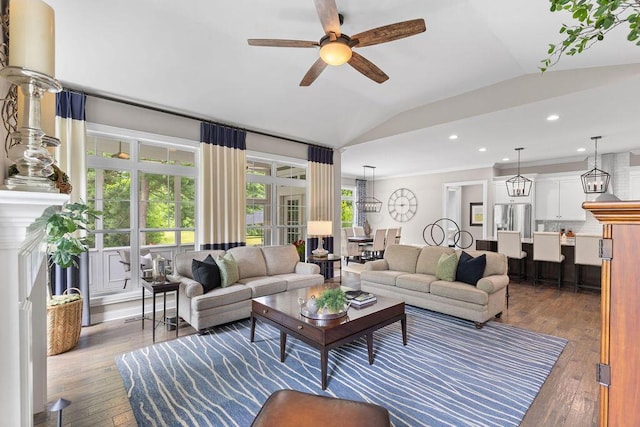 3017 Highland Woods Blvd, New Albany, OH 43054 - living room with vaulted ceiling, a ceiling fan, wood-type flooring, and recessed lighting