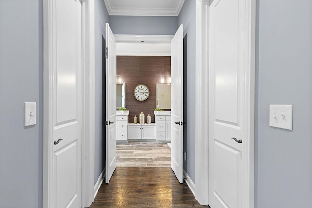 3017 Highland Woods Blvd, New Albany, OH 43054 - hall featuring dark wood finished floors and ornamental molding