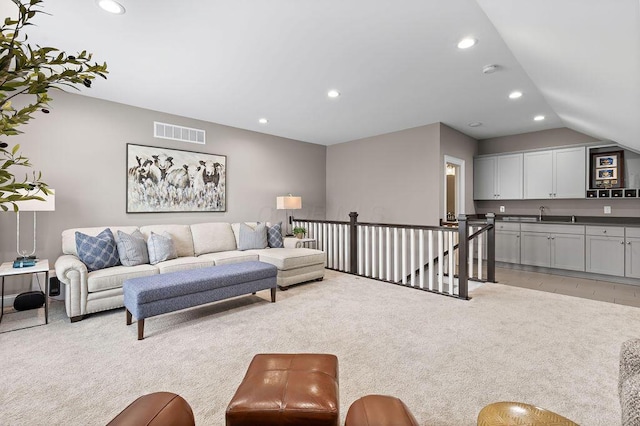 3017 Highland Woods Blvd, New Albany, OH 43054 - living room with recessed lighting, light colored carpet, and lofted ceiling