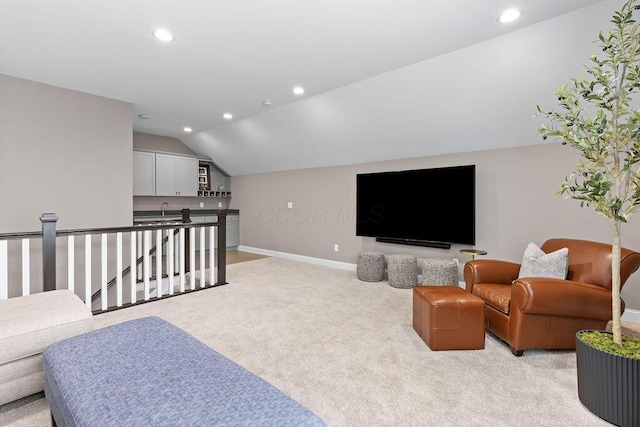 3017 Highland Woods Blvd, New Albany, OH 43054 - living area featuring lofted ceiling, light carpet, and recessed lighting