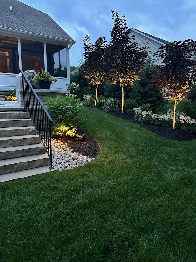 3017 Highland Woods Blvd, New Albany, OH 43054 - view of green lawn featuring a sunroom and stairs